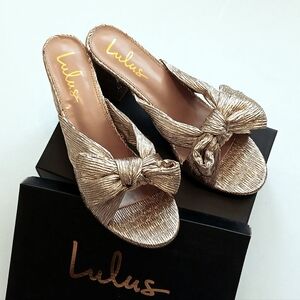 Lulus Dorothea Open Toe High Heel Sandals with Bow in Rose Gold 9 or 11 NIB